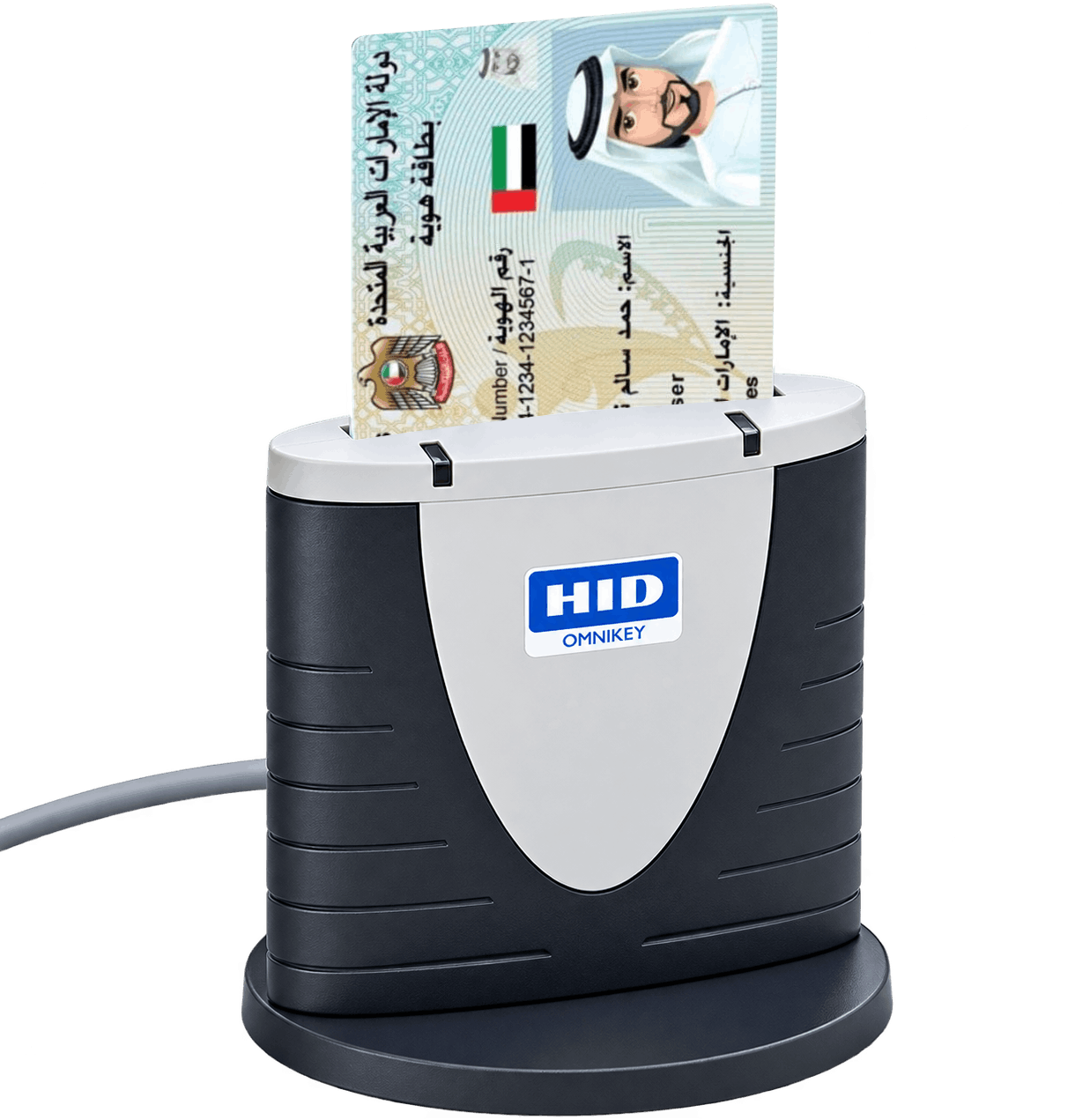HID OMNIKEY smart card reader with a UAE Emirates ID inserted, ready to read on the ICP e-channel