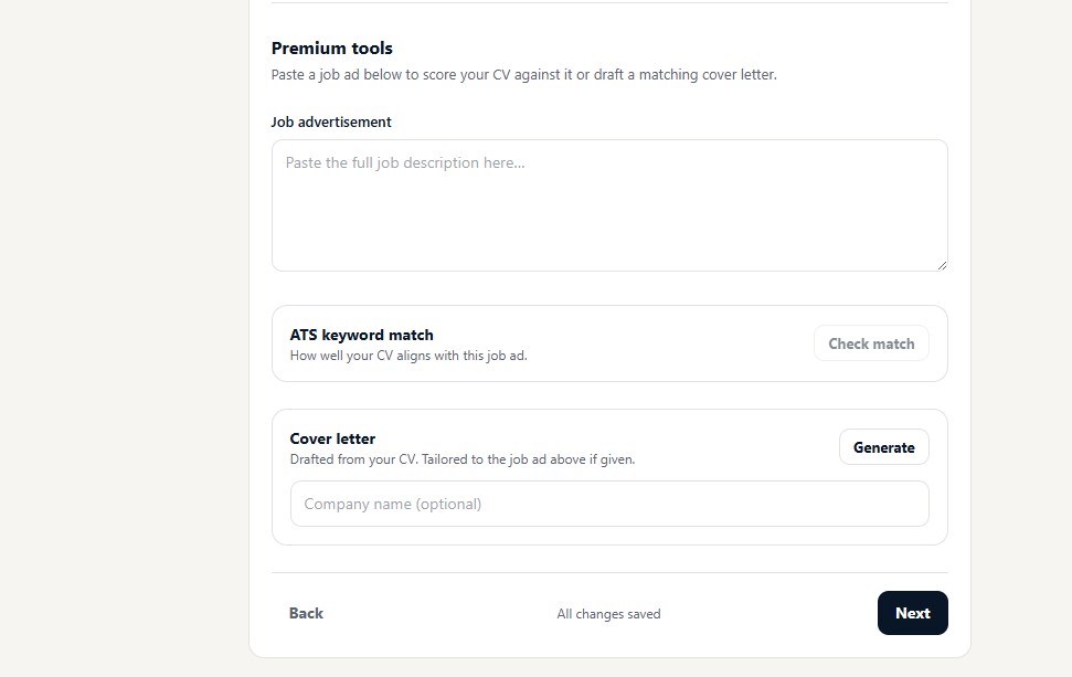 AdvanceCV premium tools showing an ATS keyword match feature that scores your CV against a pasted job advertisement, plus a cover-letter generator