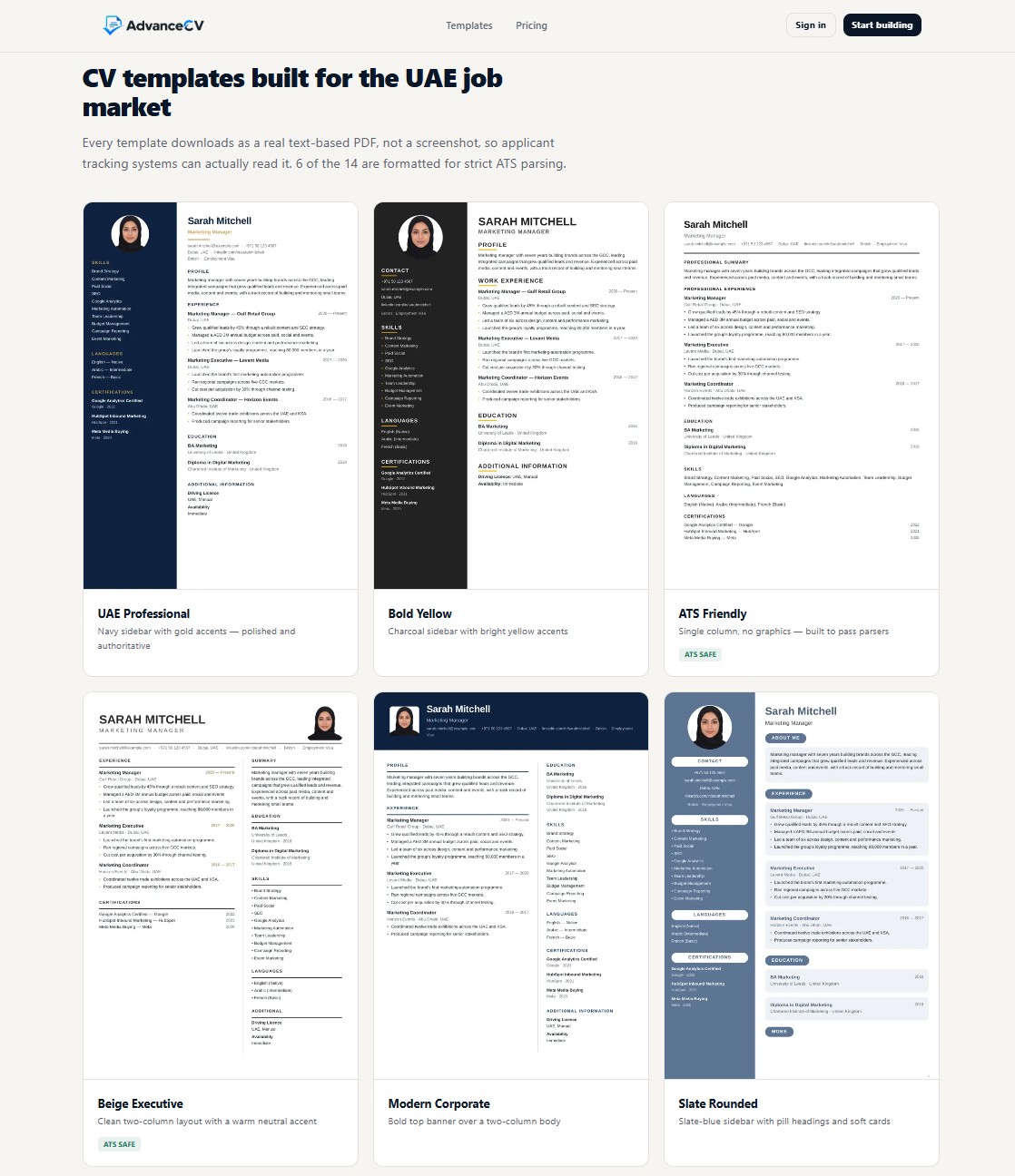 AdvanceCV template gallery titled 'CV templates built for the UAE job market', showing recruiter-tested designs with ATS SAFE badges