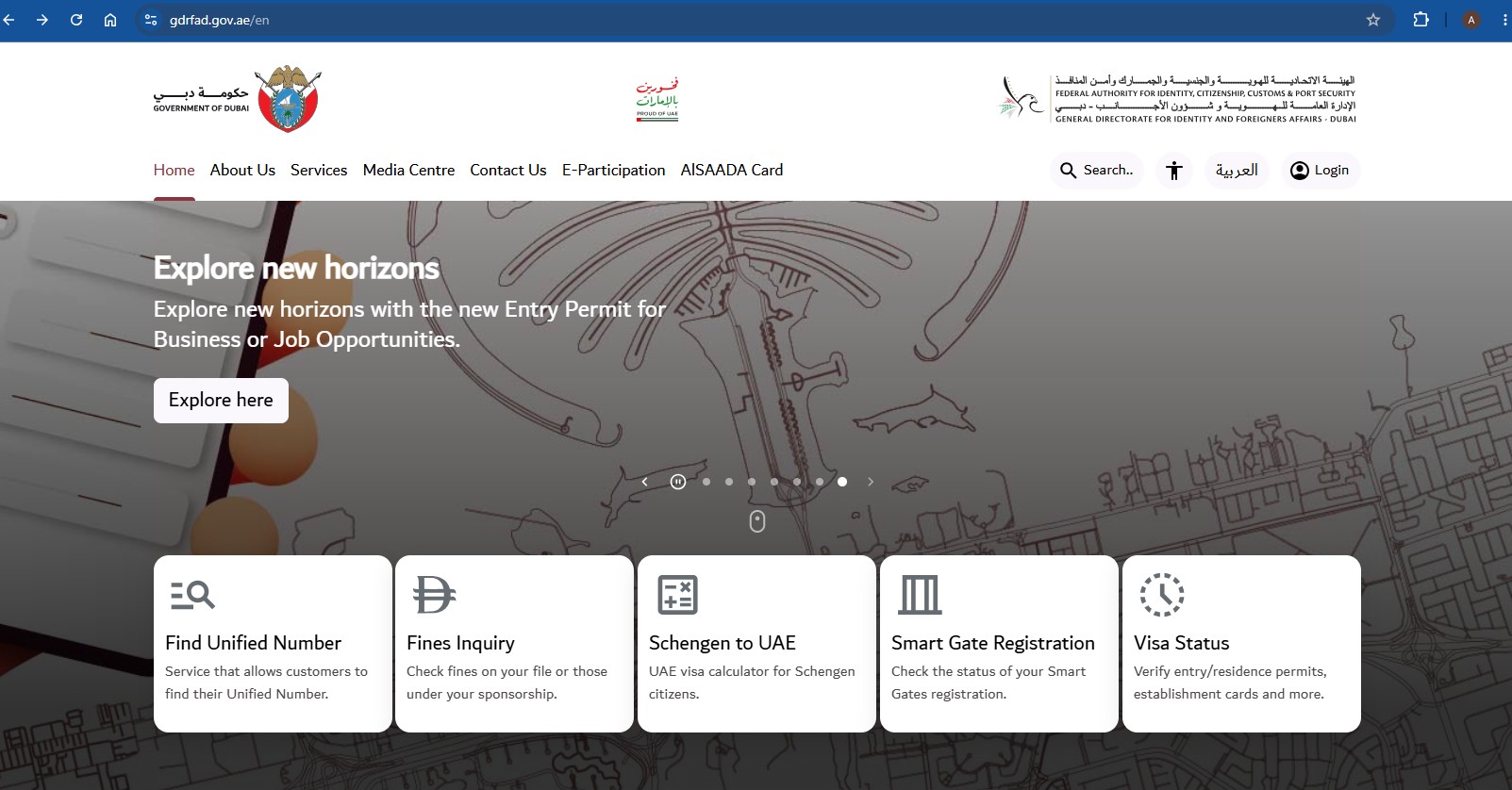 GDRFA Dubai homepage (gdrfad.gov.ae) with the Visa Status card among the quick services